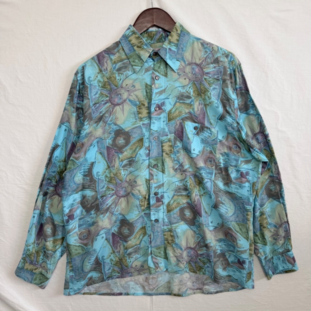 Vintage Luigi Lambertino Becker Mens XL Abstract Sun Face Art Button Up Shirt